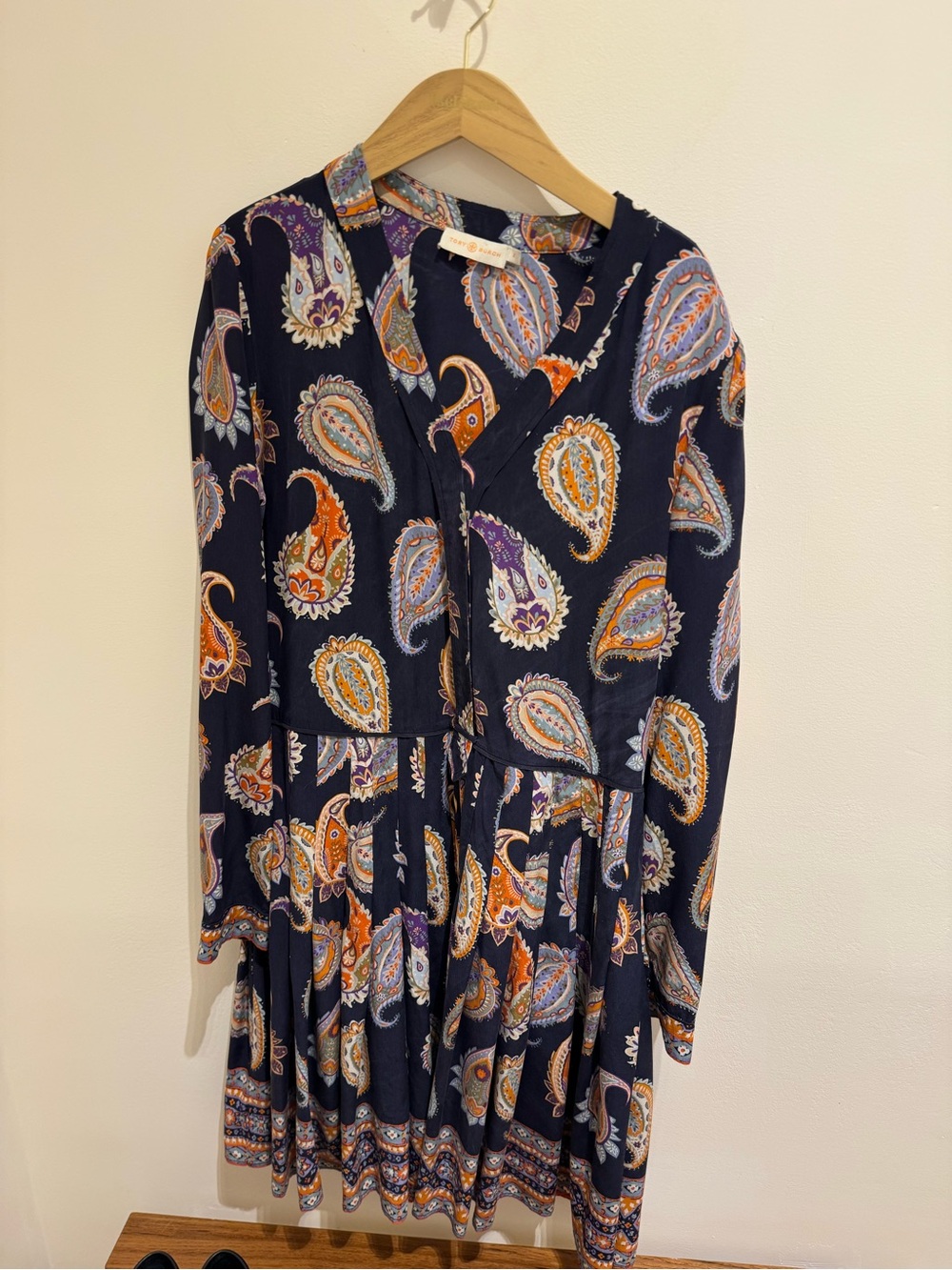 Tory Burch Navy Silk Distressed Paisley Long Sleeve Midi Dress